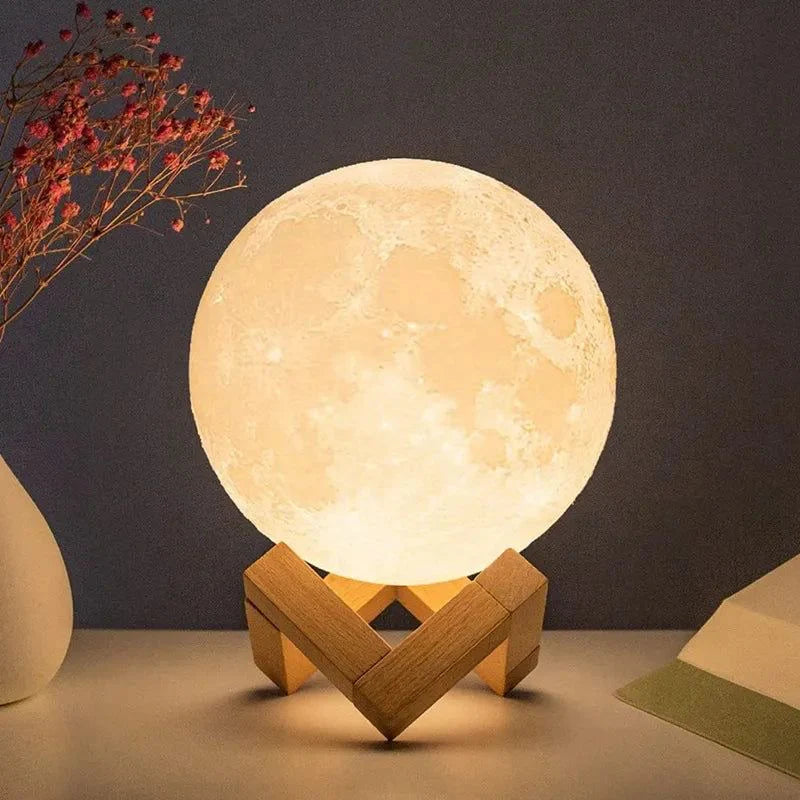 3D Rechargeable Moon Lamp with Touch Sensor & Wooden Stand
