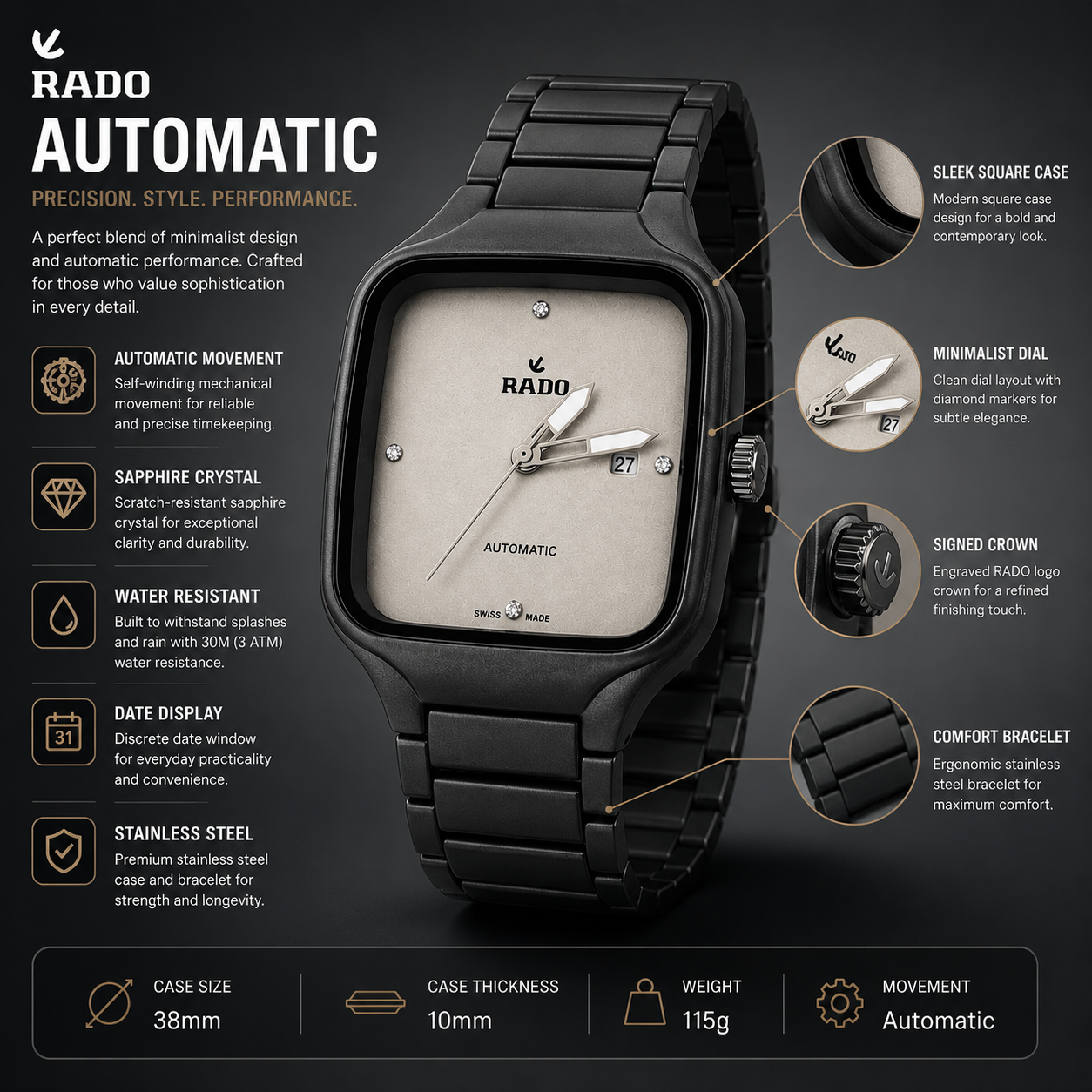 Rado True Square Automatic Black