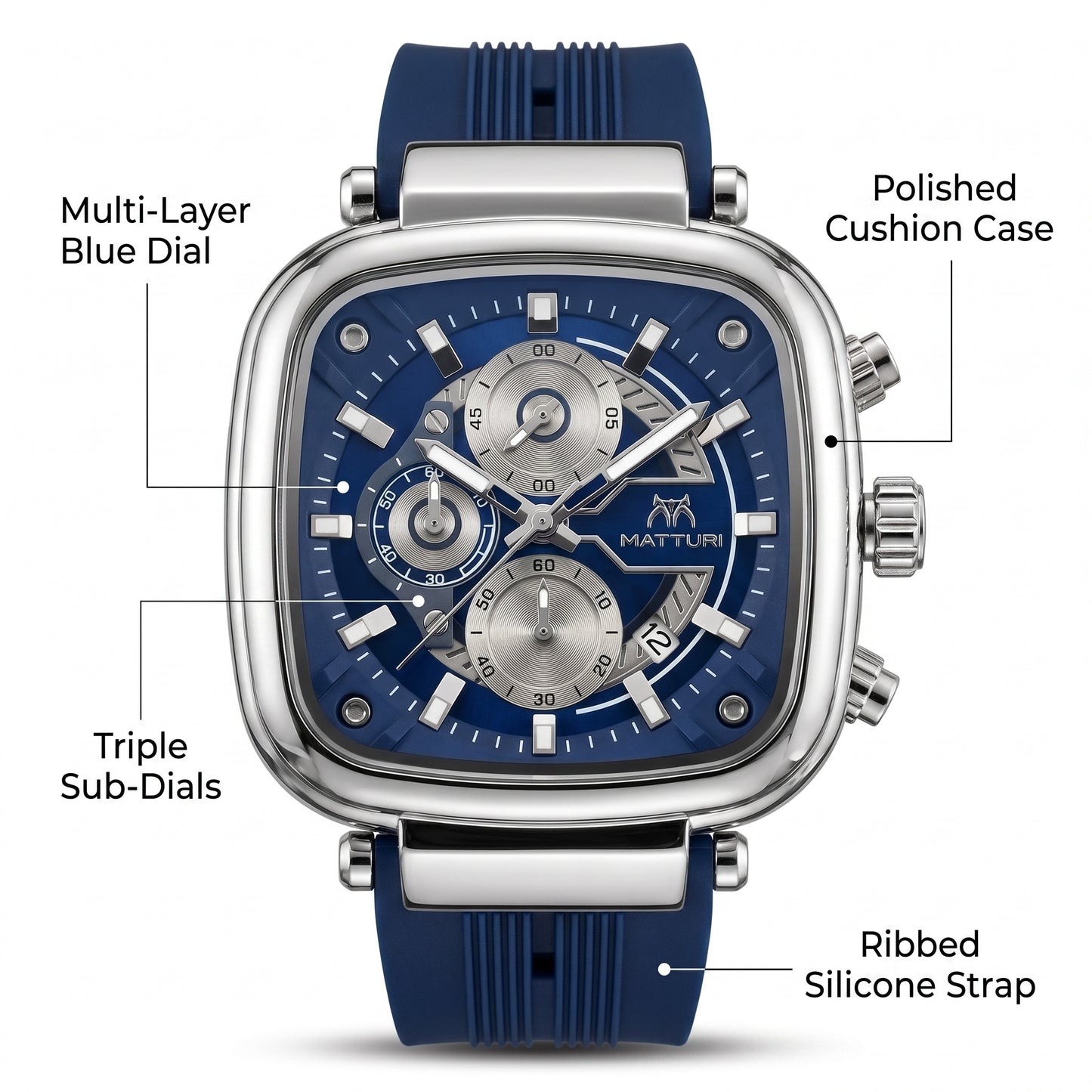 Matturi Square Chronograph Blue Dial Men's Sports Watch